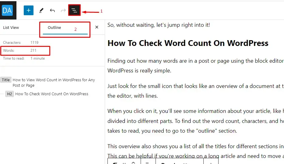Checking Word Count in Gutenberg Editor